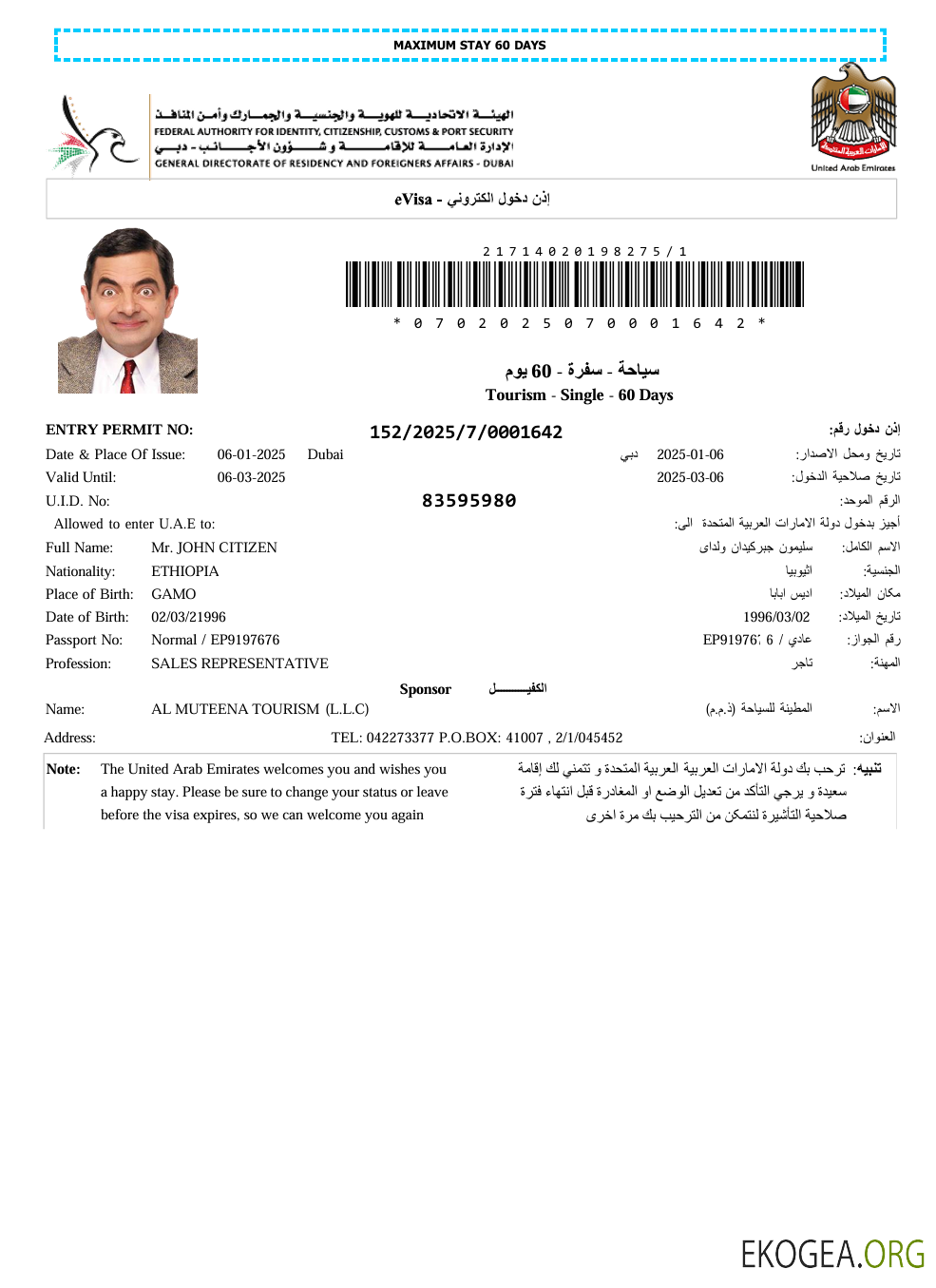 Modèle de visa électronique des Émirats arabes unis aux formats Word et PDF, version 8